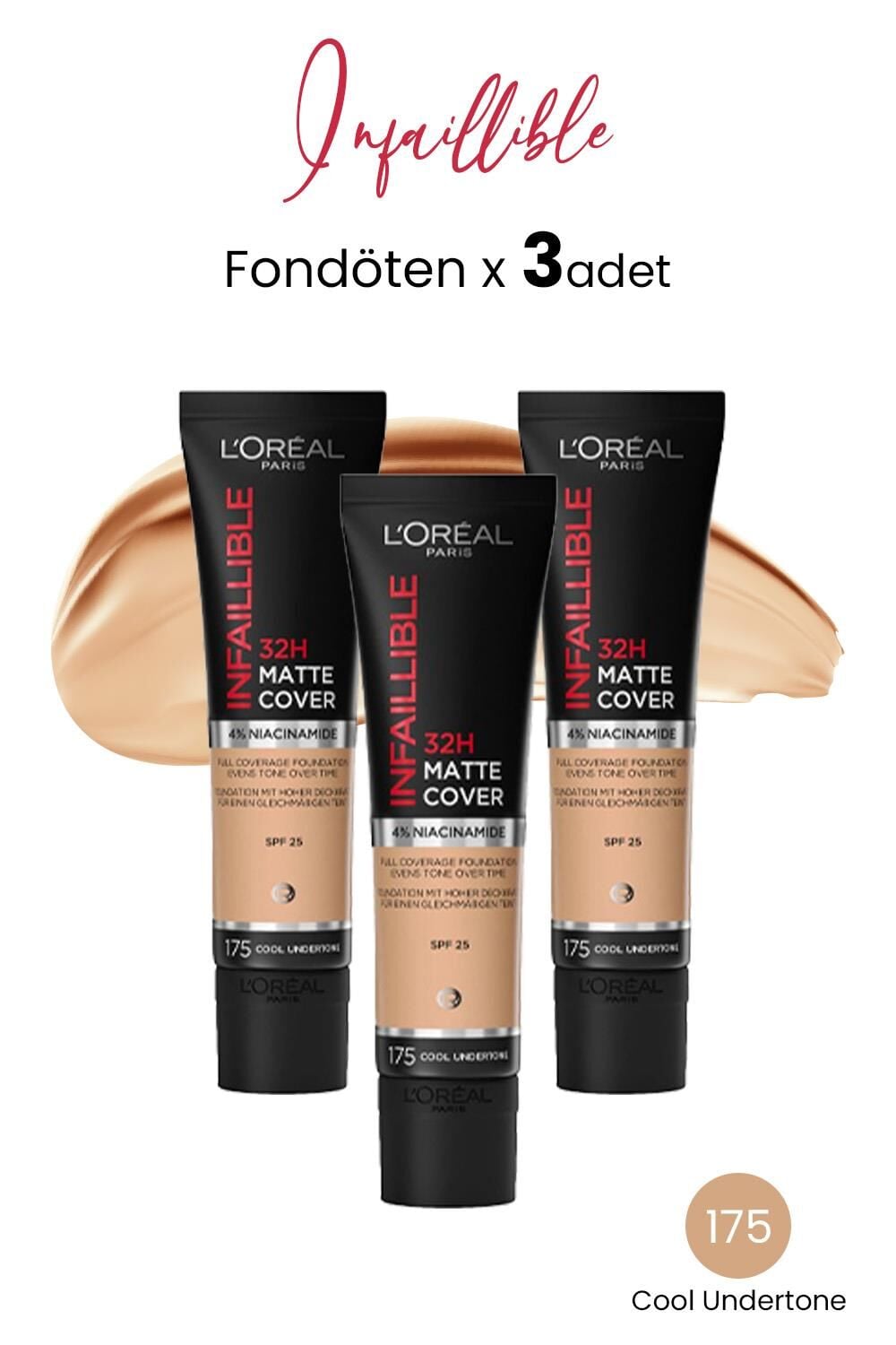 Loreal Paris Infaillible Matte Cover Fondöten SPF25 Cool Undertone 175 x 3 Adet