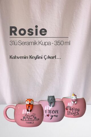 Hayvan Figürlü Kedi, Unicorn ve Tilki Seramik Kupa 350 ml