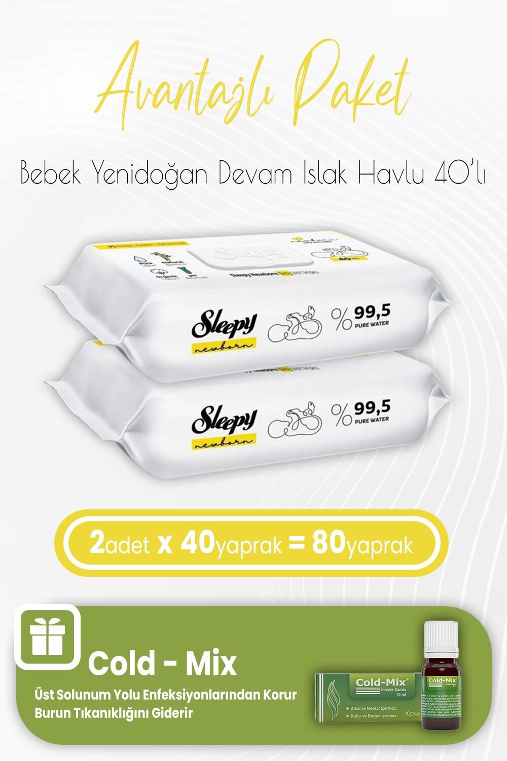 Sleepy Yenidoğan Devam Islak Bebek Havlusu 40 x 2 (80 Yaprak) ve İnhaler Damla (Yeşil)