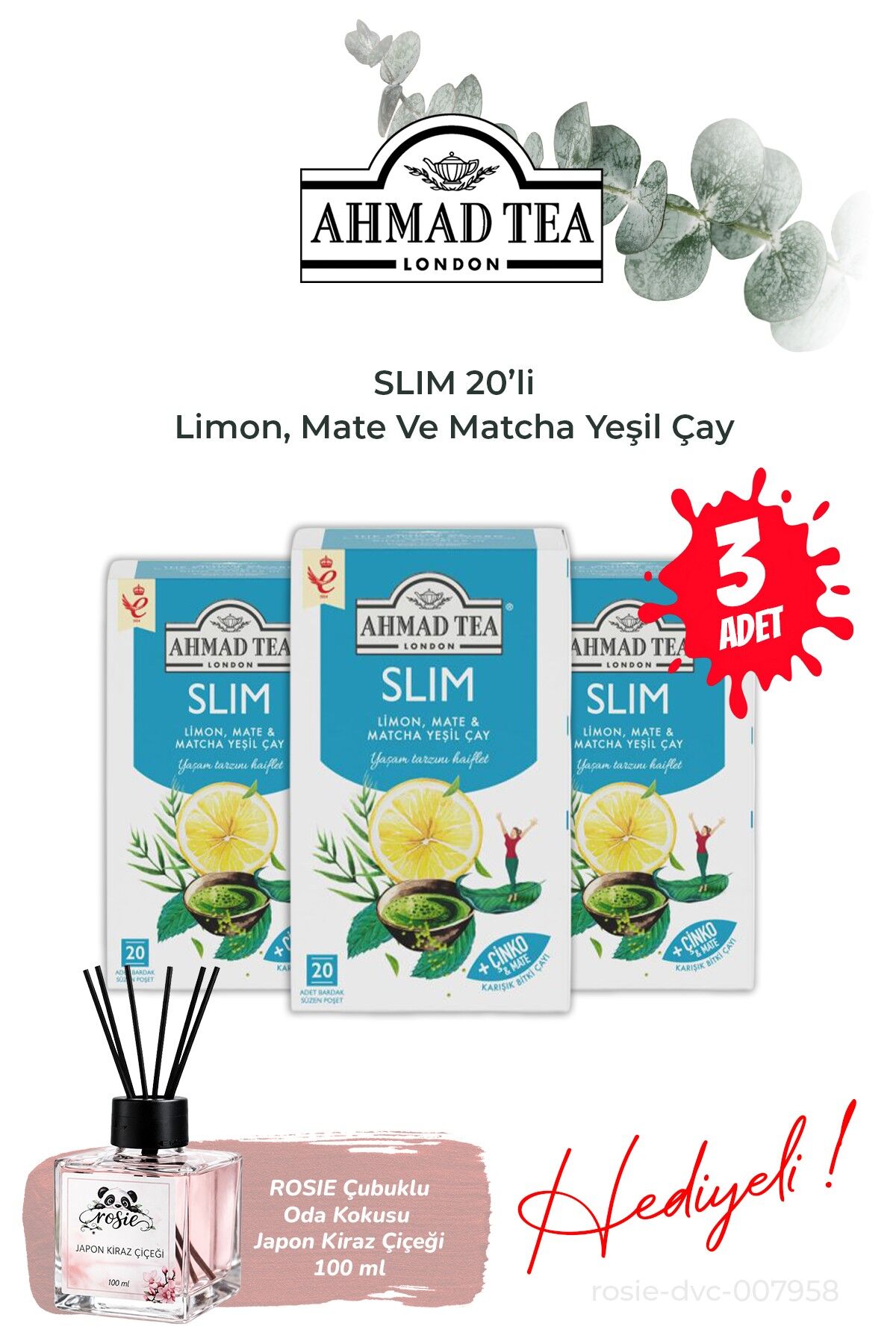 Slim Limon, Mate Ve Matcha 3 Paket Yeşil Çay Karışımı 20' li ve Oda Kokusu