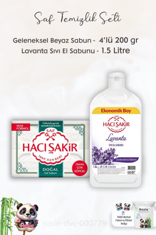 Hacı Şakir Doğal Saf Geleneksel Beyaz Sabun 4 x 200 gr, Lavantalı Sıvı El Sabunu 1.5 lt ve ROSIE