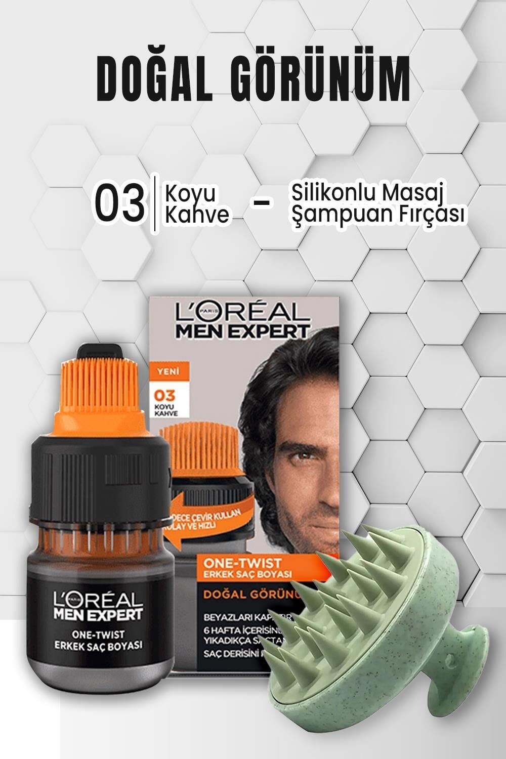 Loreal Paris Men Expert One Erkek Saç Boyası 03 Koyu Kahve ve Şampuan Fırçası Yeşil