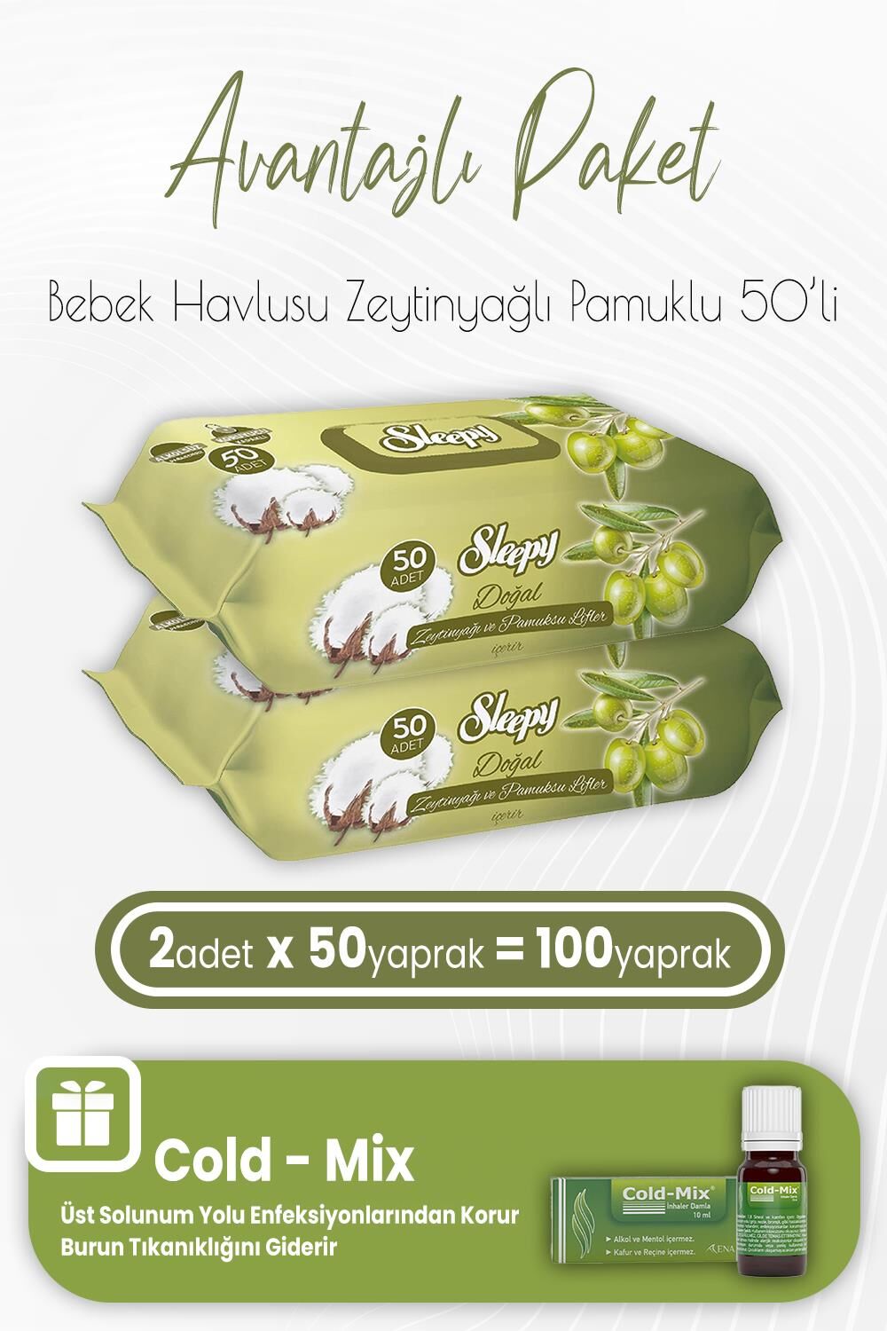 Sleepy Zeytinyağlı Pamuklu Bebek Havlusu 50 x 2 (100 Yaprak) ve İnhaler Damla (Yeşil)