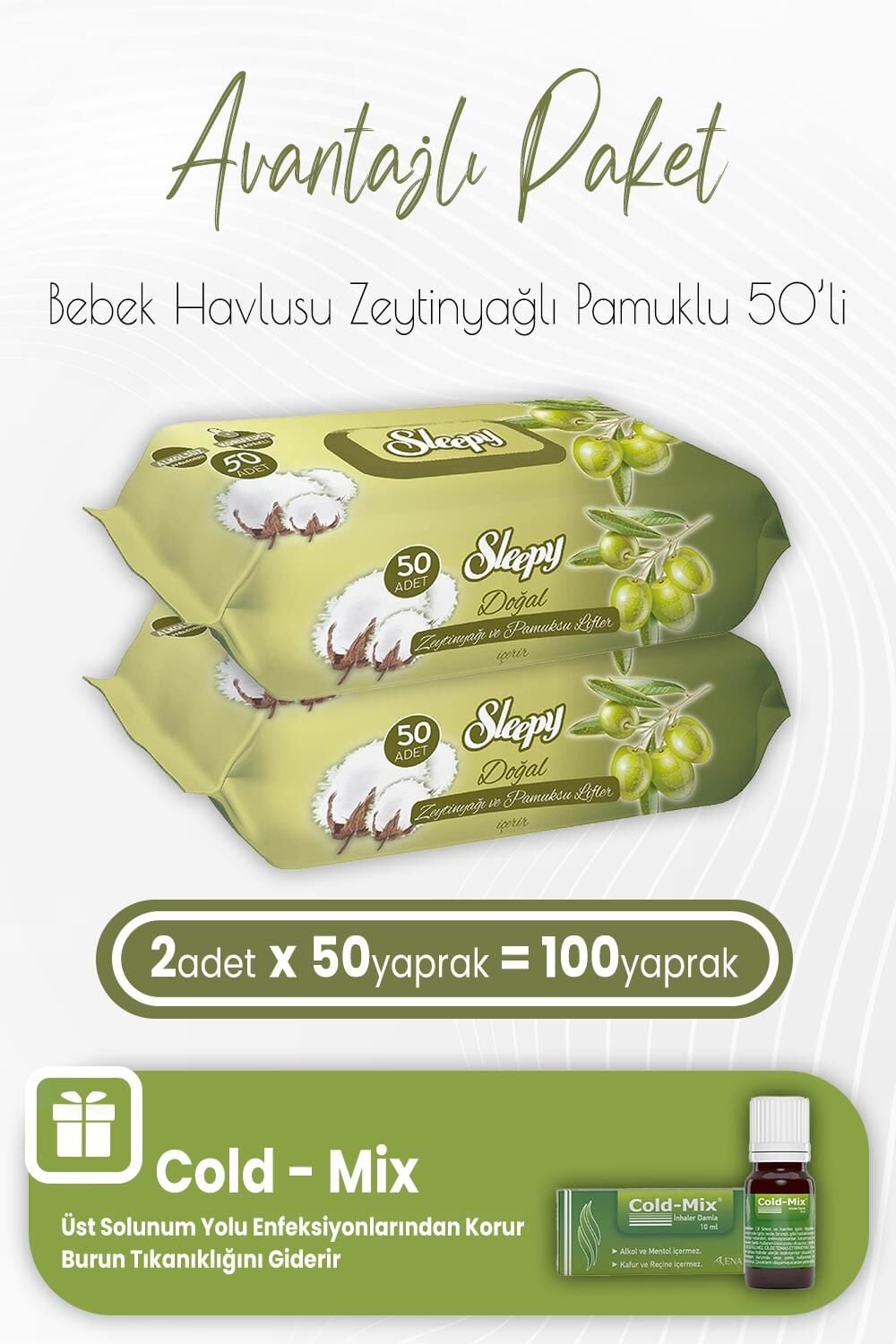 Sleepy Zeytinyağlı Pamuklu Bebek Havlusu 50 x 2 (100 Yaprak) ve İnhaler Damla (Yeşil)