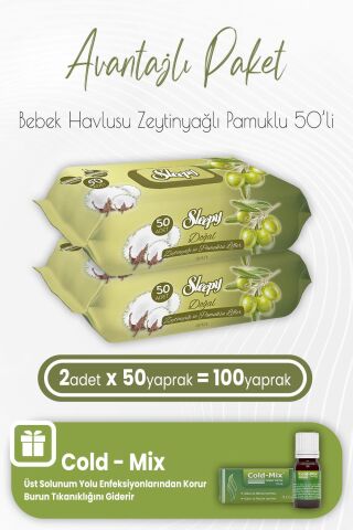 Sleepy Zeytinyağlı Pamuklu Bebek Havlusu 50 x 2 (100 Yaprak) ve İnhaler Damla (Yeşil)