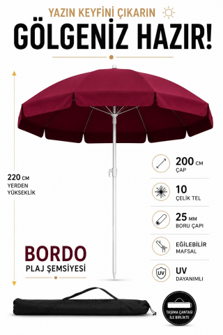 Bordo 200 cm çap/10 telli Plaj Şemsiyesi + Şemsiye Kılıfı, BİDONSUZ