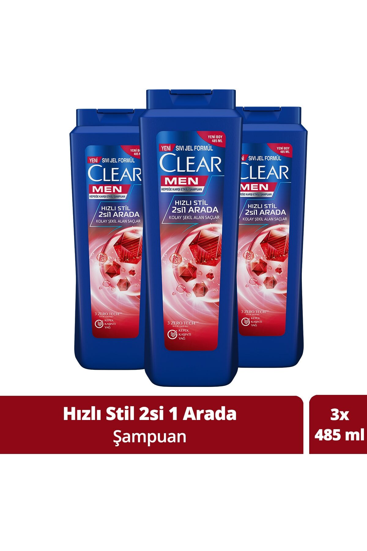 Clear Kepeğe Karşı Etkili Hızlı Stil 2'si 1 Arada Şampuan 485 ml x 3