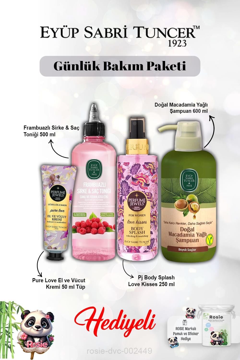 Şampuan Macadamia, Frambuaz Tonik, Pure Love Krem ve Vücut Spreyi Love Kisses ve Rosie
