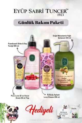 Şampuan Macadamia, Frambuaz Tonik, Pure Love Krem ve Vücut Spreyi Love Kisses ve Rosie