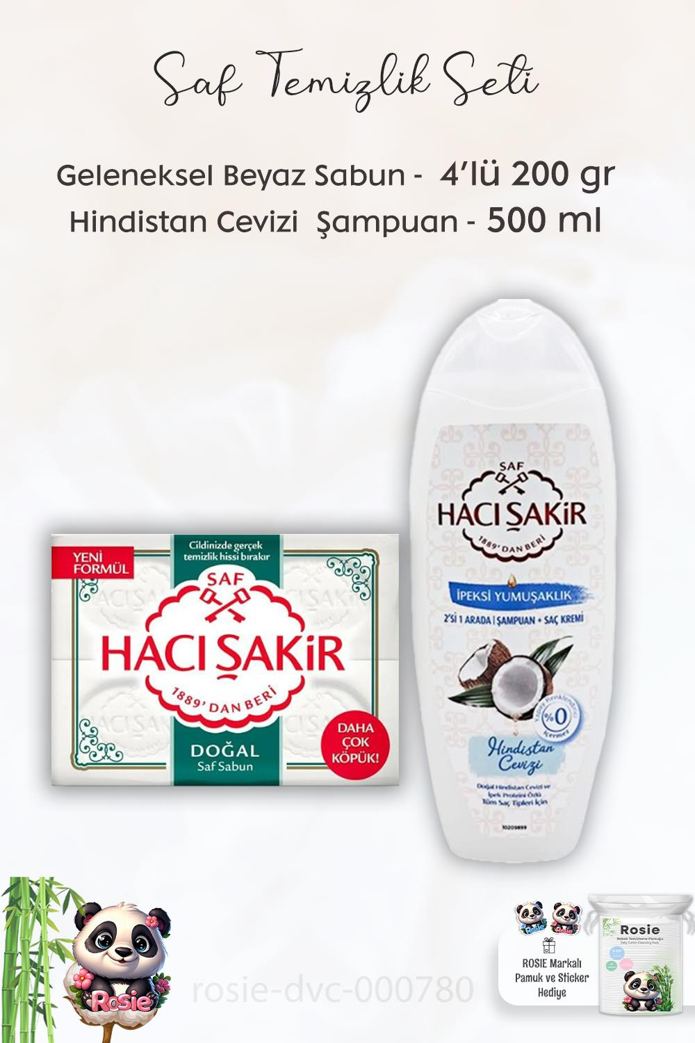 Hacı Şakir Doğal Saf Geleneksel Beyaz Sabun 4 x 200 gr, Hindistan Cevizli Şampuan 500 ml ve ROSIE