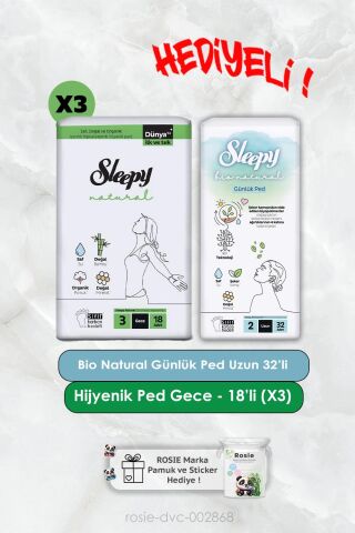 32'li Bio Natural Uzun Günlük Ped ve Ultra Hassas Gece 18'li X3 Rosie Hediye
