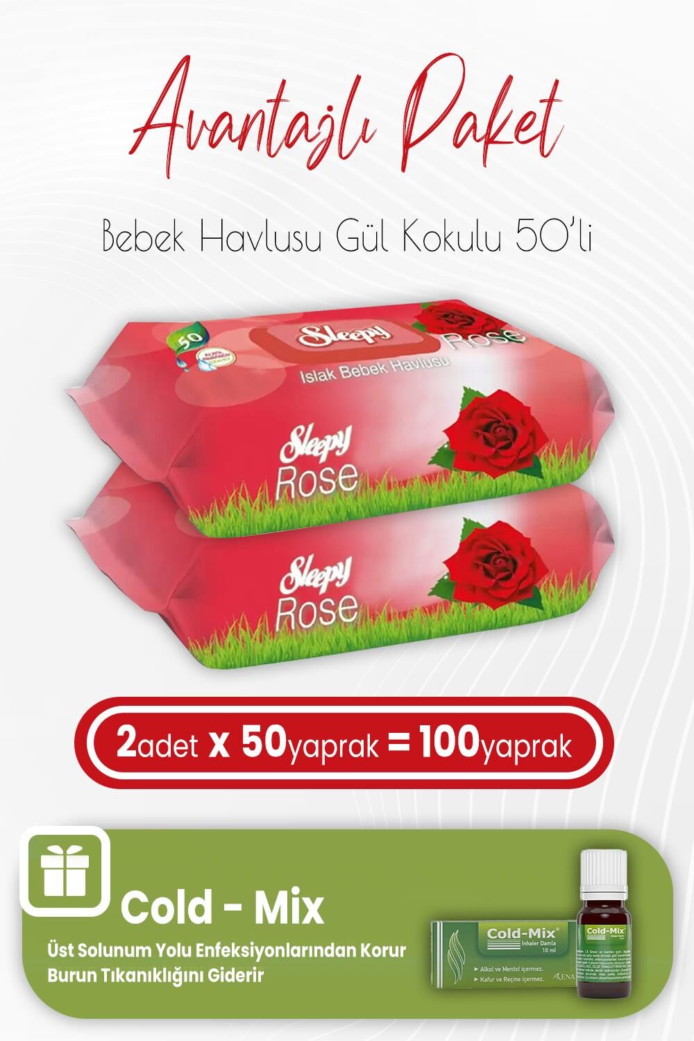Sleepy Gül Kokulu Islak Bebek Havlusu 50 x 2 (100 Yaprak) ve İnhaler Damla (Yeşil)
