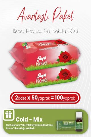 Sleepy Gül Kokulu Islak Bebek Havlusu 50 x 2 (100 Yaprak) ve İnhaler Damla (Yeşil)
