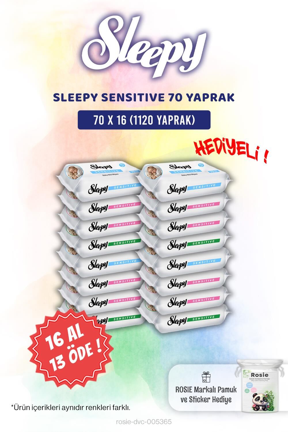 Sleepy 16 AL 13 ÖDE Sensitive 70'li Bebek Islak Mendili ve Rosie Pamuk Hediye