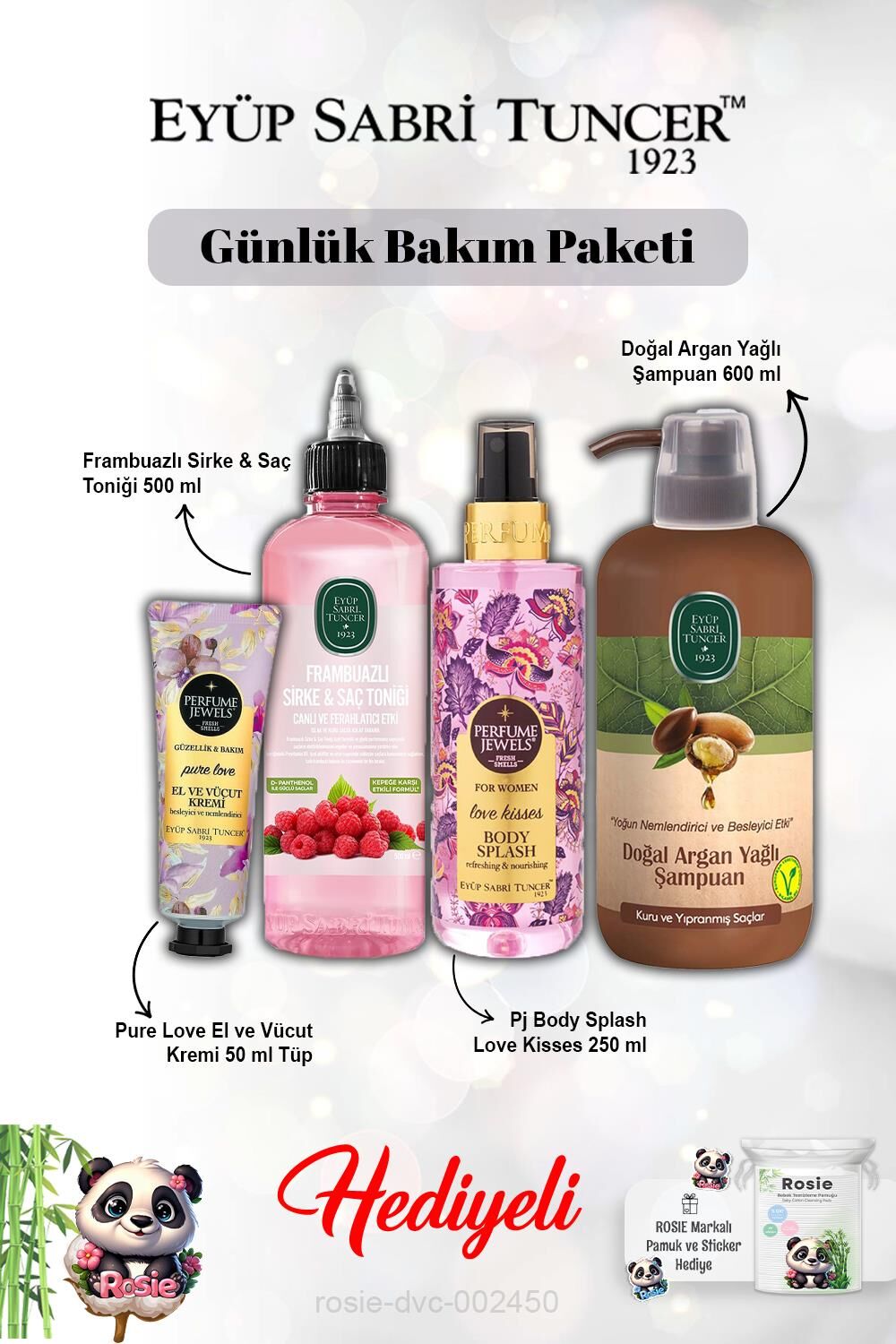 Argan Şampuan, Frambuaz Tonik, Pure Love Krem ve Vücut Spreyi Love Kisses ve Rosie