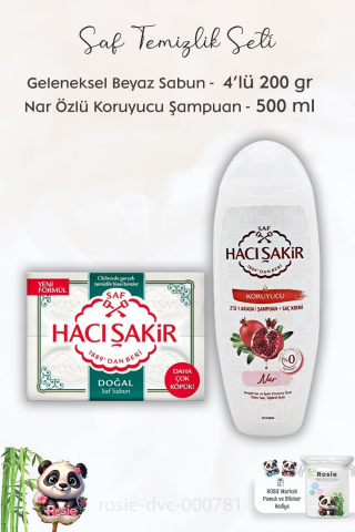 Hacı Şakir Doğal Saf Geleneksel Beyaz Sabun 4 x 200 gr,  Narlı Şampuan 500 ml ve ROSIE