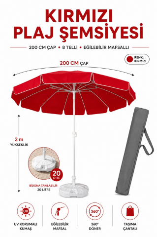 Kırmızı Plaj Şemsiyesi 200 cm Çap / 10 Telli + Bidon + Taşıma Çantası Dahil