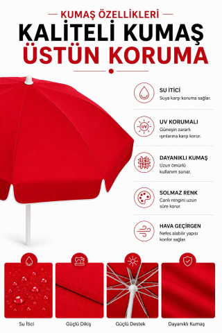 Kırmızı Plaj Şemsiyesi 200 cm Çap / 10 Telli + Bidon + Taşıma Çantası Dahil