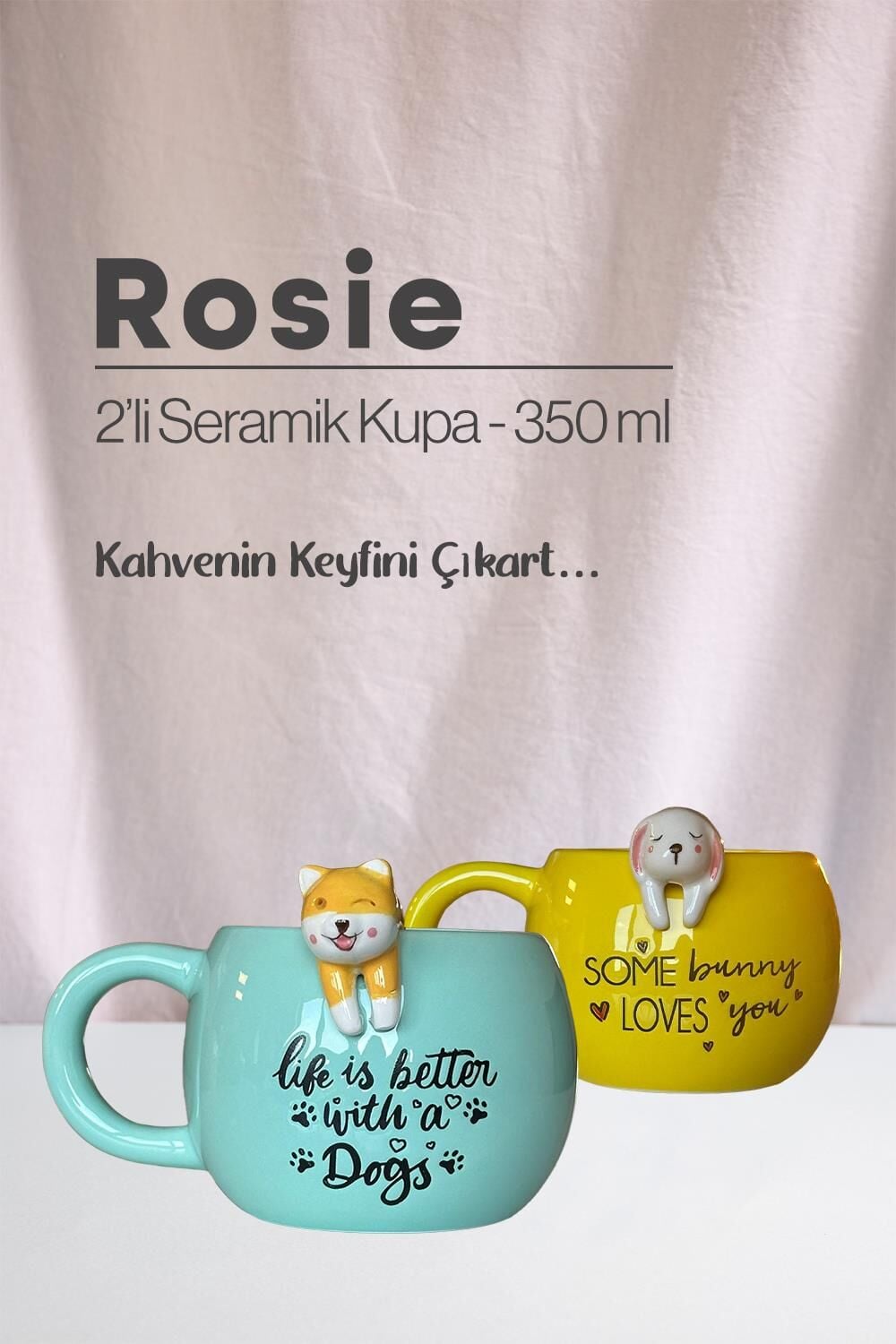 Köpek ve Tavşan Figürlü Seramik Kupa 350 ml