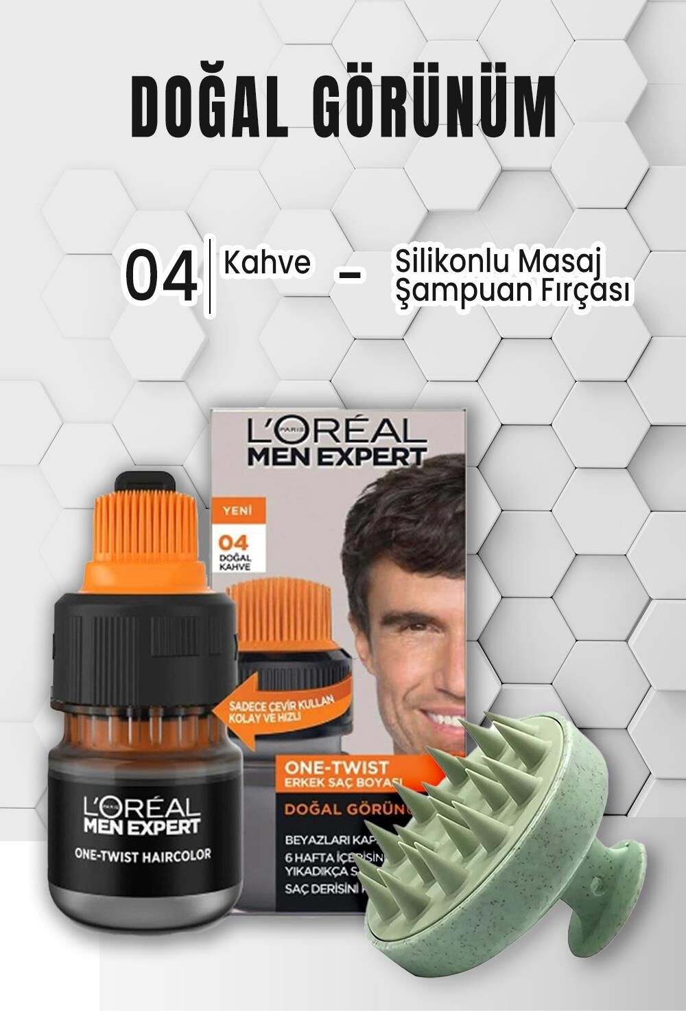 Loreal Paris Men Expert One Erkek Saç Boyası 04 Kahve ve Şampuan Fırçası Yeşil