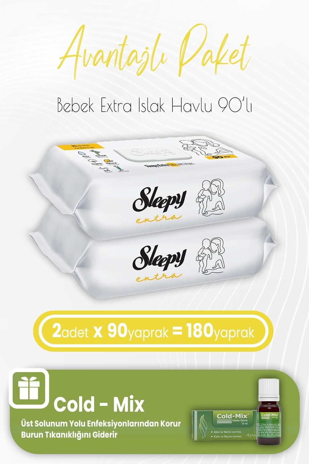 Sleepy Extra Islak Bebek Havlusu 90 x 2 (180 Yaprak) ve İnhaler Damla (Yeşil)
