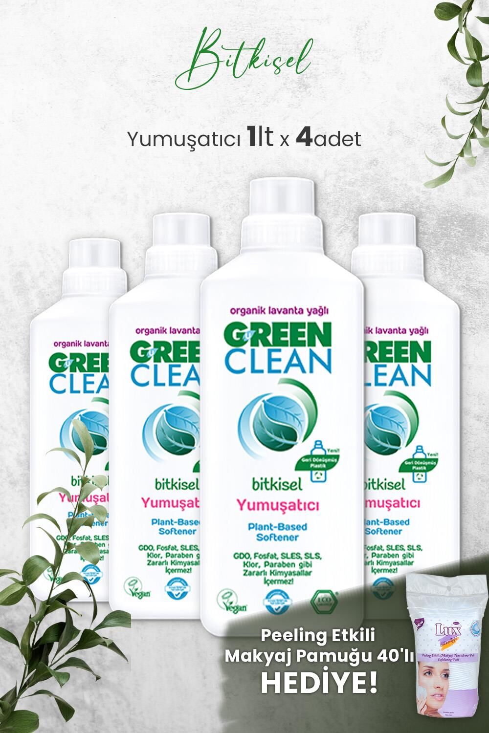U Green Clean Bitkisel Çamaşır Yumuşatıcısı 1 Litre (Lavanta Kokulu) x 4 Adet ve Hediyeli