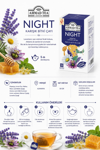 2 paket Night Karışık Bitki Çayı 20'li Poşet Çay ve Oda Kokusu