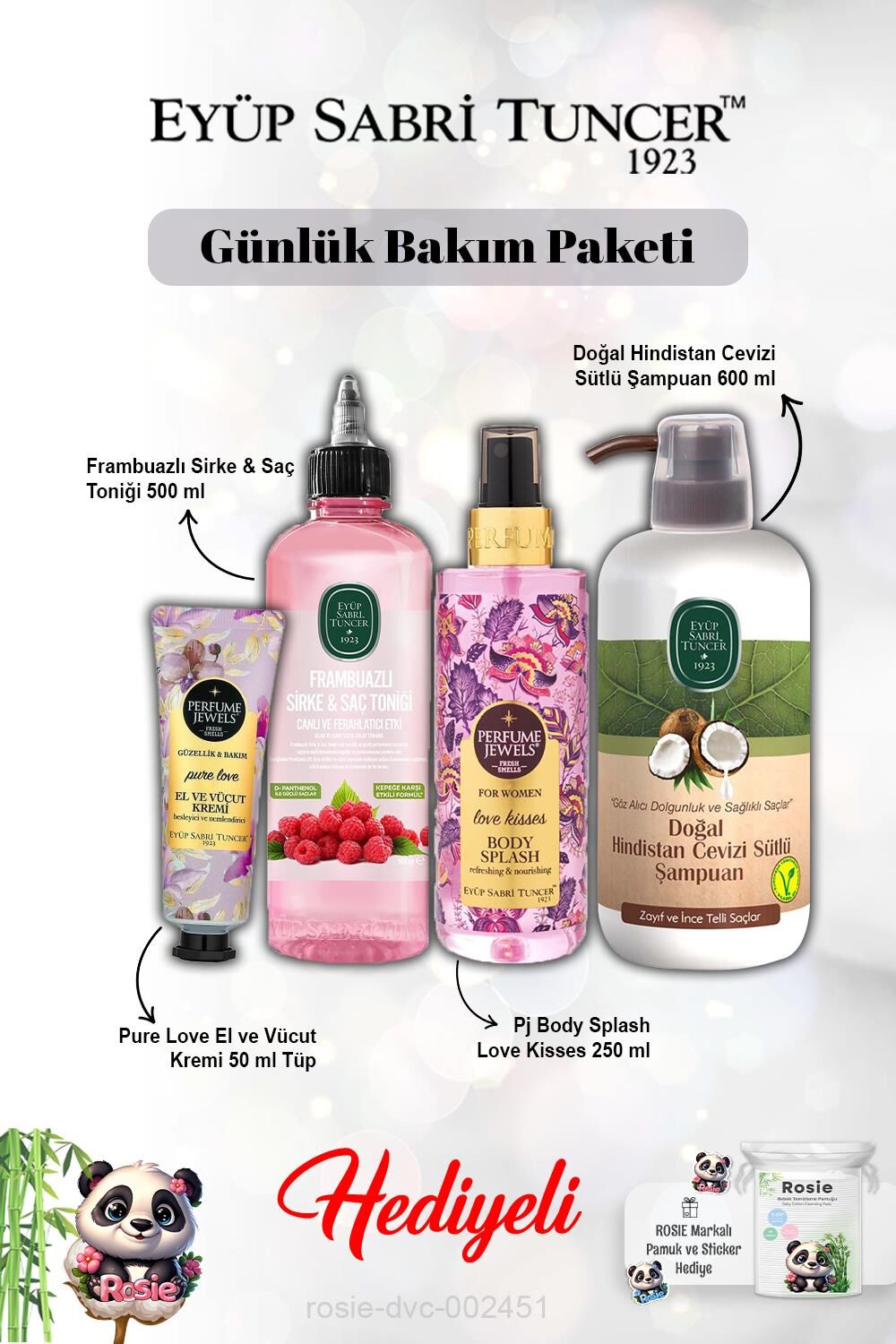 Hindistan Cevizi Şampuan, Frambuaz Tonik, Pure Love Krem ve Vücut Spreyi Love Kisses ve Rosie