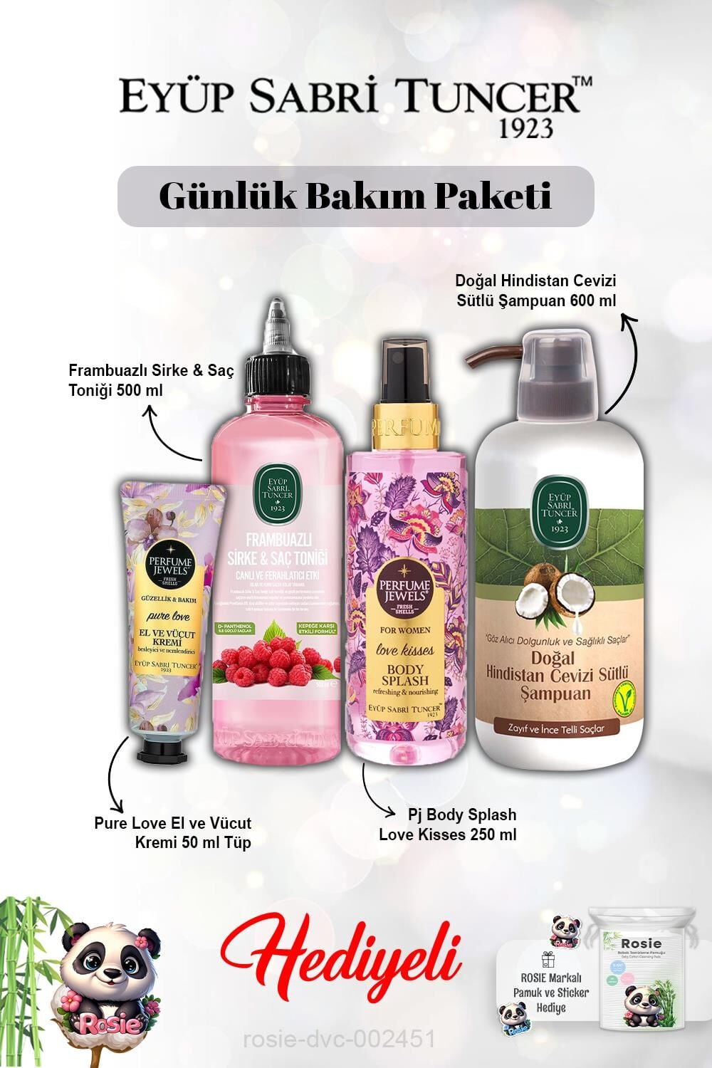 Hindistan Cevizi Şampuan, Frambuaz Tonik, Pure Love Krem ve Vücut Spreyi Love Kisses ve Rosie