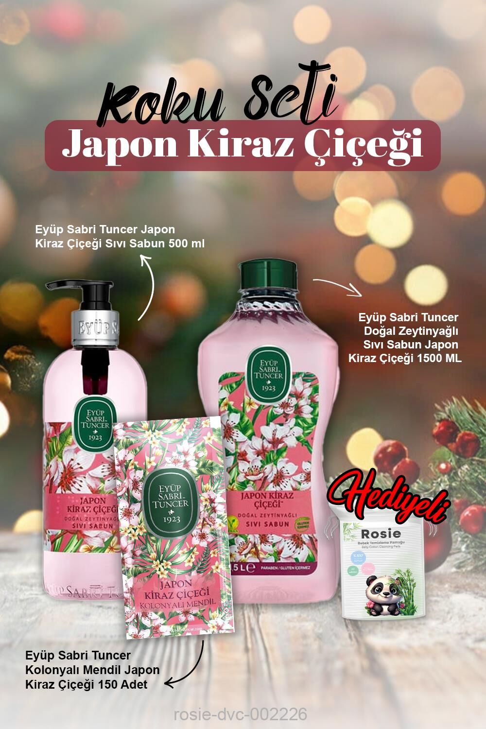 1500 ve 500ml Sıvı Sabun, kolonyalı mendil 150'li Japon Kiraz Çiçeği ve Rosie Pamuk