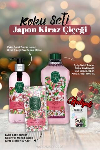 1500 ve 500ml Sıvı Sabun, kolonyalı mendil 150'li Japon Kiraz Çiçeği ve Rosie Pamuk