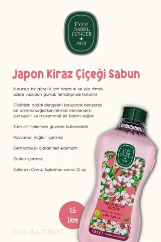 1500 ve 500ml Sıvı Sabun, kolonyalı mendil 150'li Japon Kiraz Çiçeği ve Rosie Pamuk