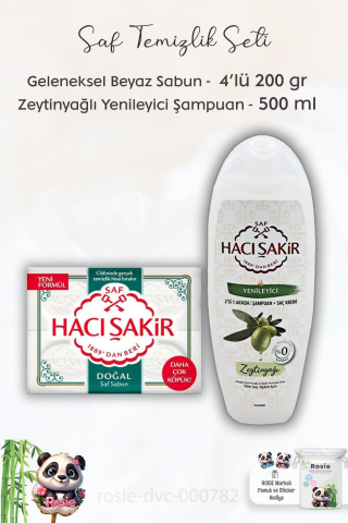 Hacı Şakir Doğal Saf Geleneksel Beyaz Sabun 4 x 200 gr,   Zeytinyağlı  Şampuan 500 ml ve ROSIE