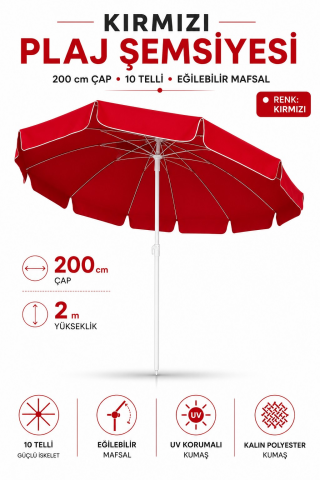 Kırmızı Renkli Plaj,Güneş ve Bahçe Şemsiyesi 200 cm Çap/10 telli, eğim verilir