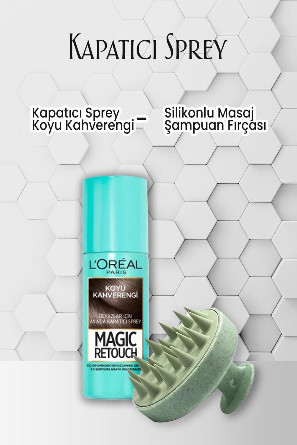 Loreal Paris Kapatıcı Sprey Koyu Kahverengi 75 ml ve Şampuan Fırçası Yeşil