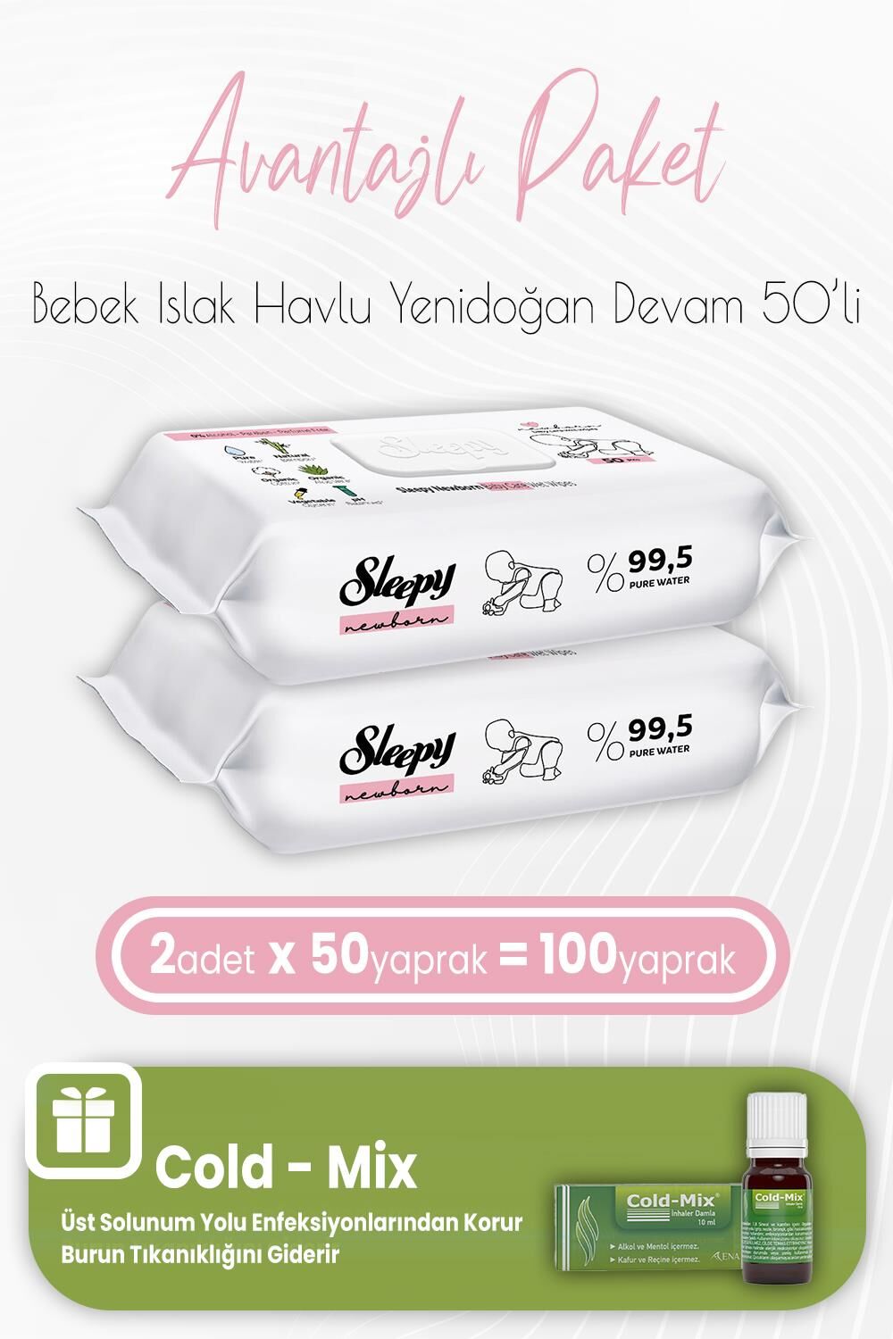 Sleepy Yenidoğan Devam Bebek Bakım Havlusu 50 x 2 (100 Yaprak) ve İnhaler Damla (Yeşil)