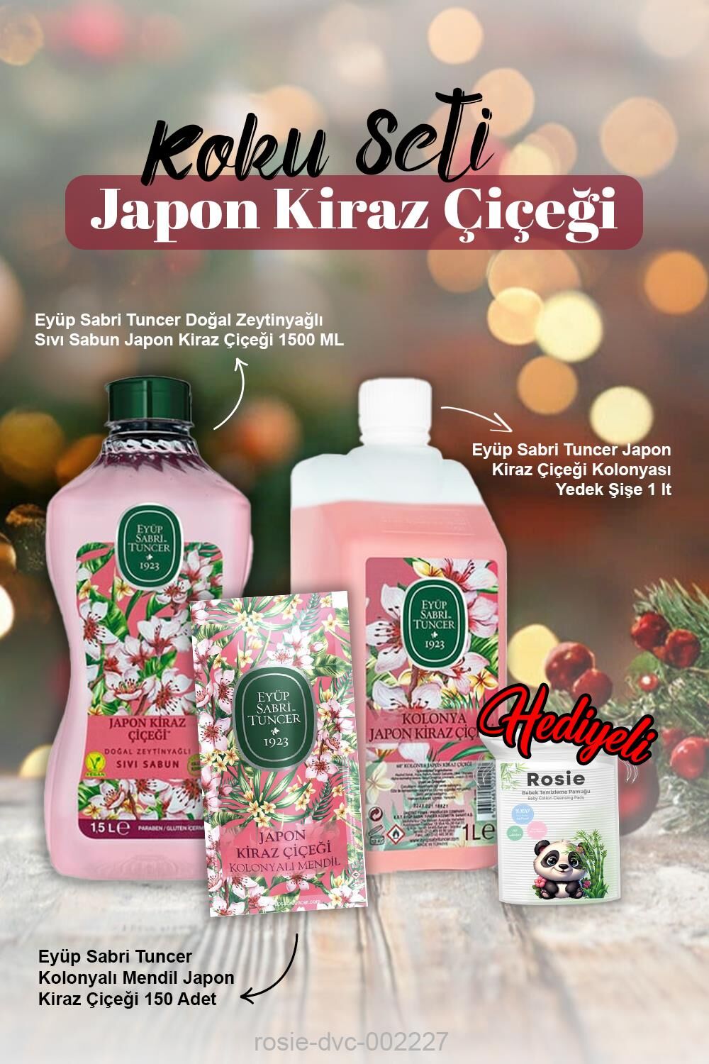 Kolonya 1lt, 1500ml Sıvı Sabun, kolonyalı mendil 150'li Japon Kiraz Çiçeği ve Rosie Pamuk