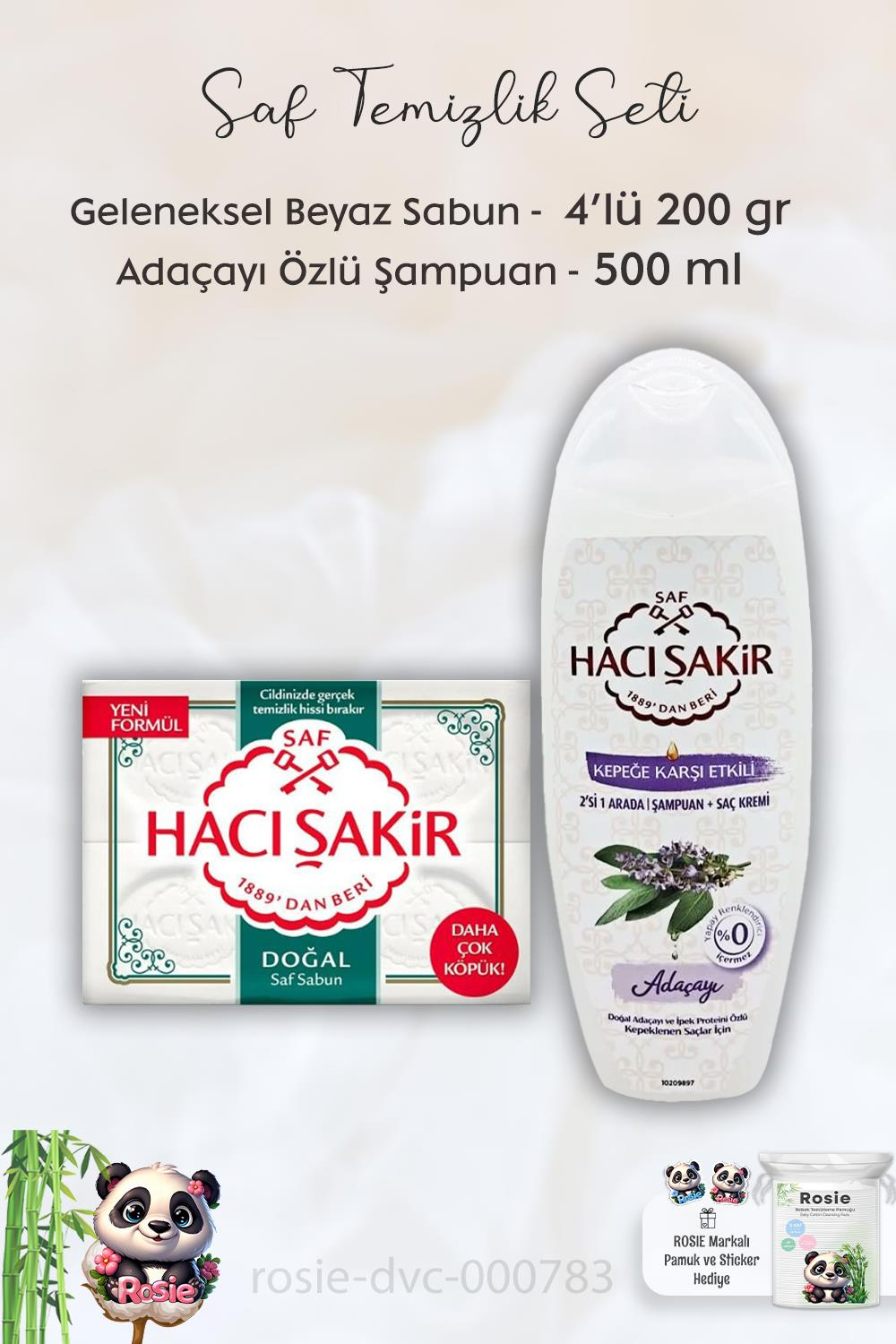 Hacı Şakir Doğal Saf Geleneksel Beyaz Sabun 4 x 200 gr,  Adaçayı  Şampuan 500 ml ve ROSIE