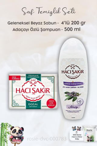 Hacı Şakir Doğal Saf Geleneksel Beyaz Sabun 4 x 200 gr,  Adaçayı  Şampuan 500 ml ve ROSIE