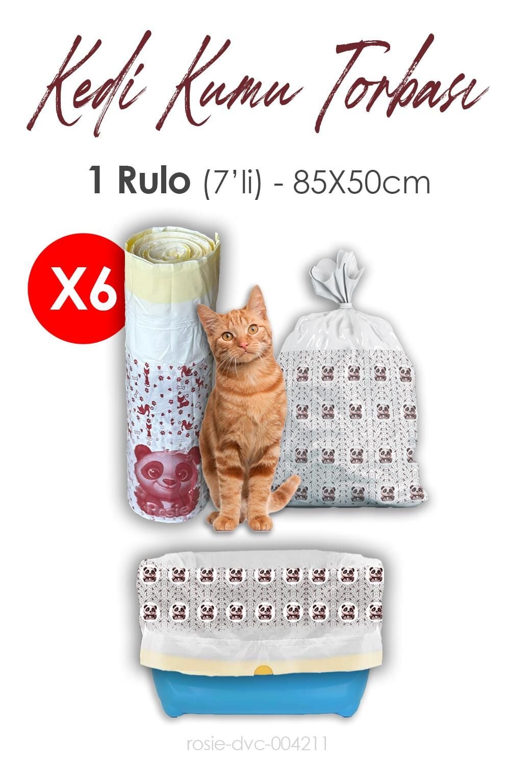 Rosie 6 Rulo Kedi Kumu Torbası, 85x50cm Boyutunda, 7' li 6 Rulo