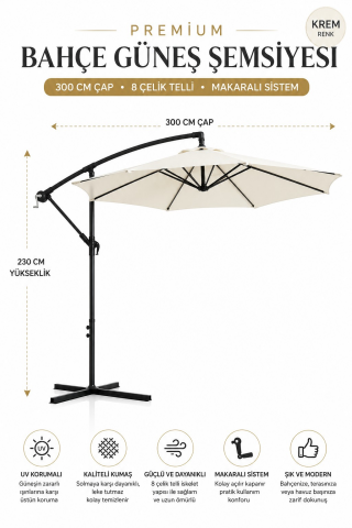 Krem renk Makaralı Balkon Teras Bahçe Şemsiyesi Çap 300 Cm/8 telli