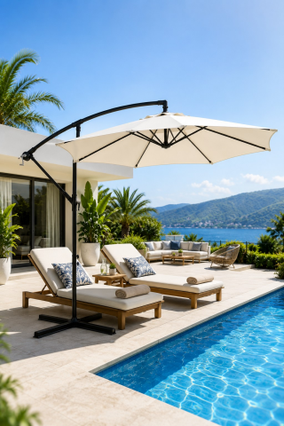 Krem renk Makaralı Balkon Teras Bahçe Şemsiyesi Çap 300 Cm/8 telli