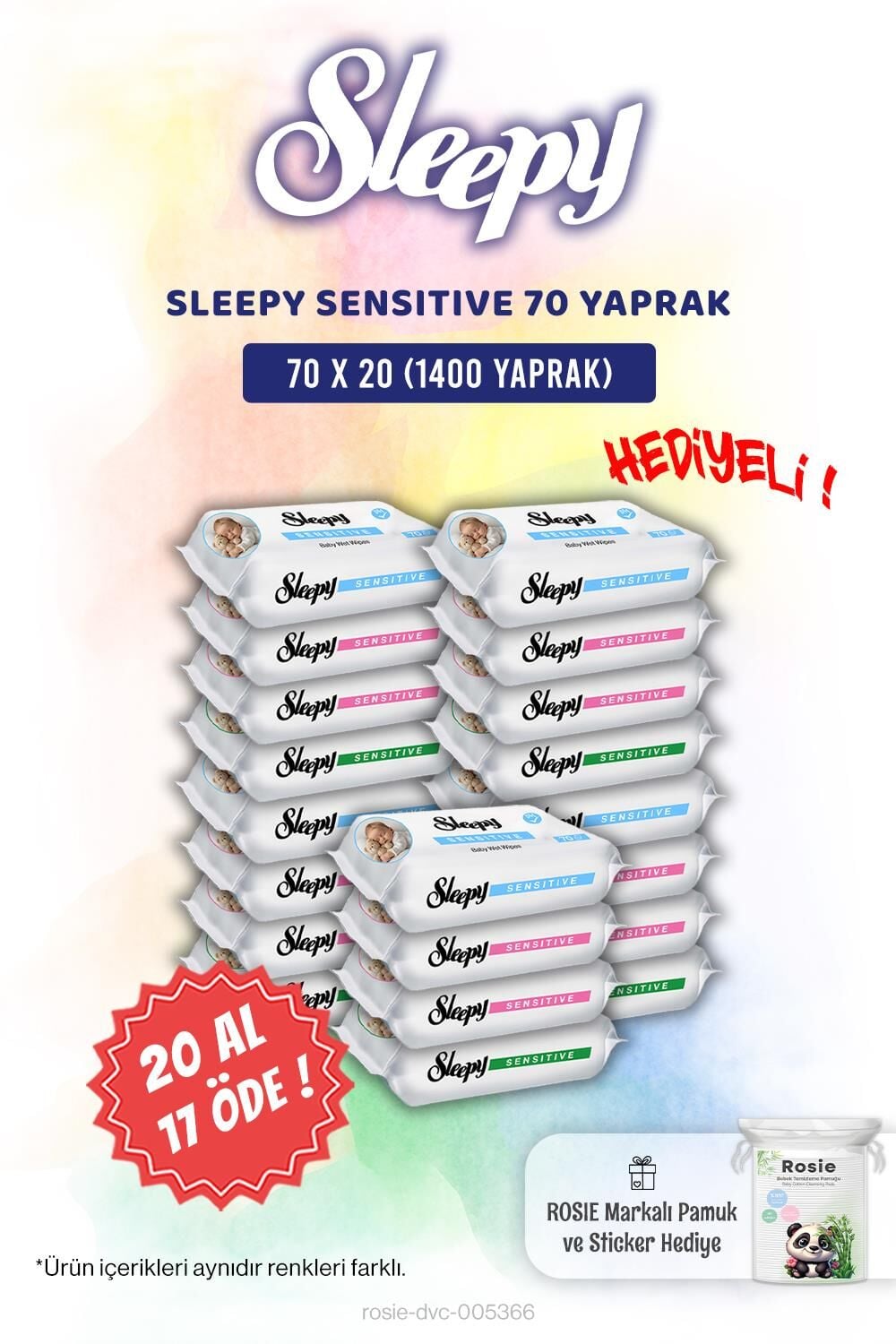 Sleepy 20 AL 17 ÖDE Sensitive 70'li Bebek Islak Mendili ve Rosie Pamuk Hediye