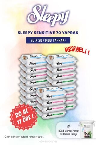 Sleepy 20 AL 17 ÖDE Sensitive 70'li Bebek Islak Mendili ve Rosie Pamuk Hediye