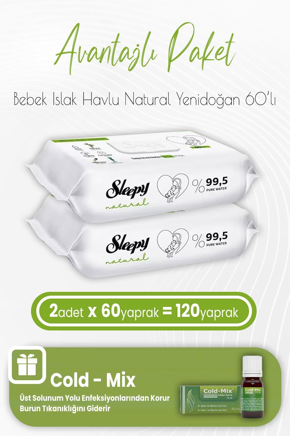 Sleepy Natural Yenidoğan Bebek Havlusu 60 x 2 (120 Yaprak) ve İnhaler Damla (Yeşil)
