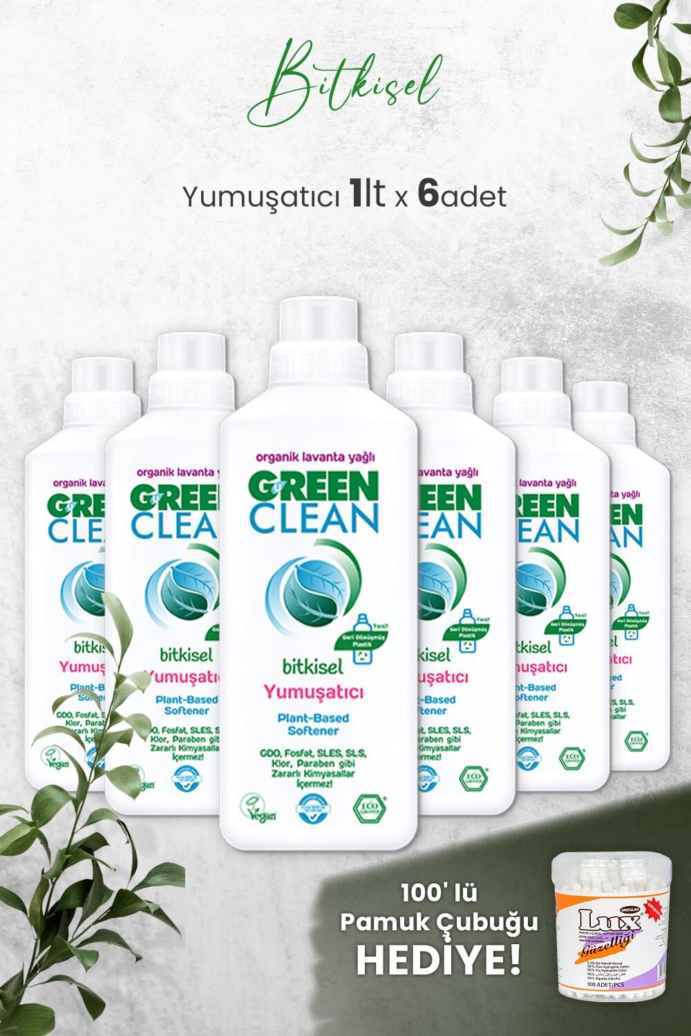 U Green Clean Bitkisel Çamaşır Yumuşatıcısı 1 Litre (Lavanta Kokulu) x 6 Adet ve Hediyeli