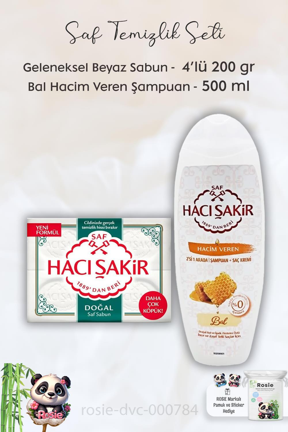 Hacı Şakir Doğal Saf Geleneksel Beyaz Sabun 4 x 200 gr,  Ballı  Şampuan 500 ml ve ROSIE