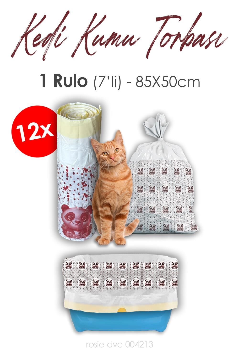 Rosie Kedi Kumu Torbası, Poşeti, 85x50cm, 7' li 12 Rulo