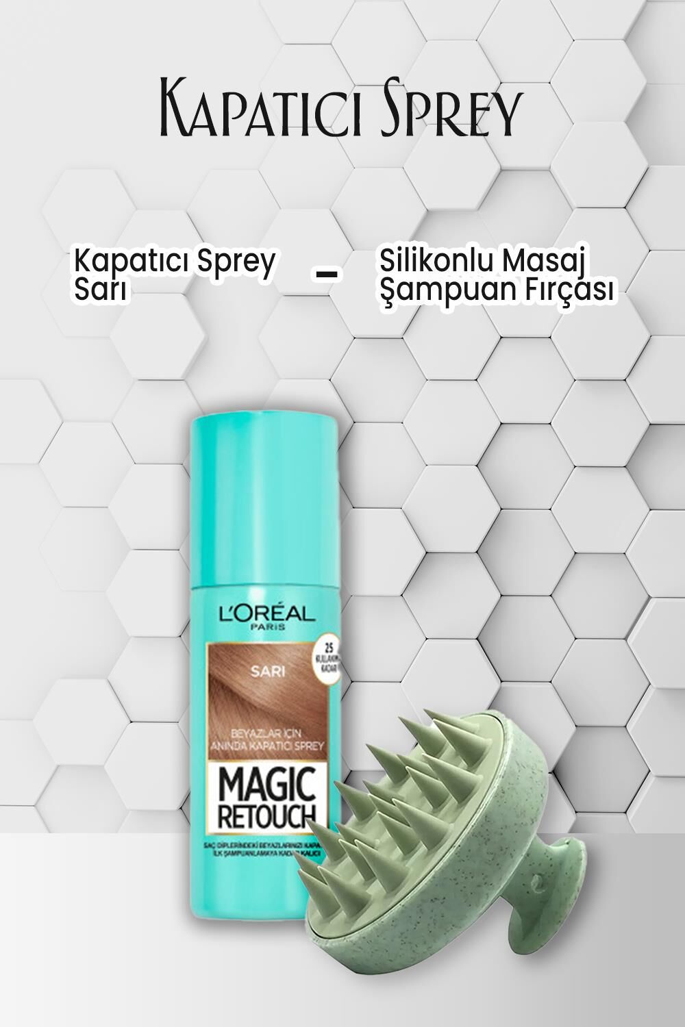 Loreal Paris Kapatıcı Sprey Sarı 75 ml ve Masaj Şampuan Fırçası Yeşil