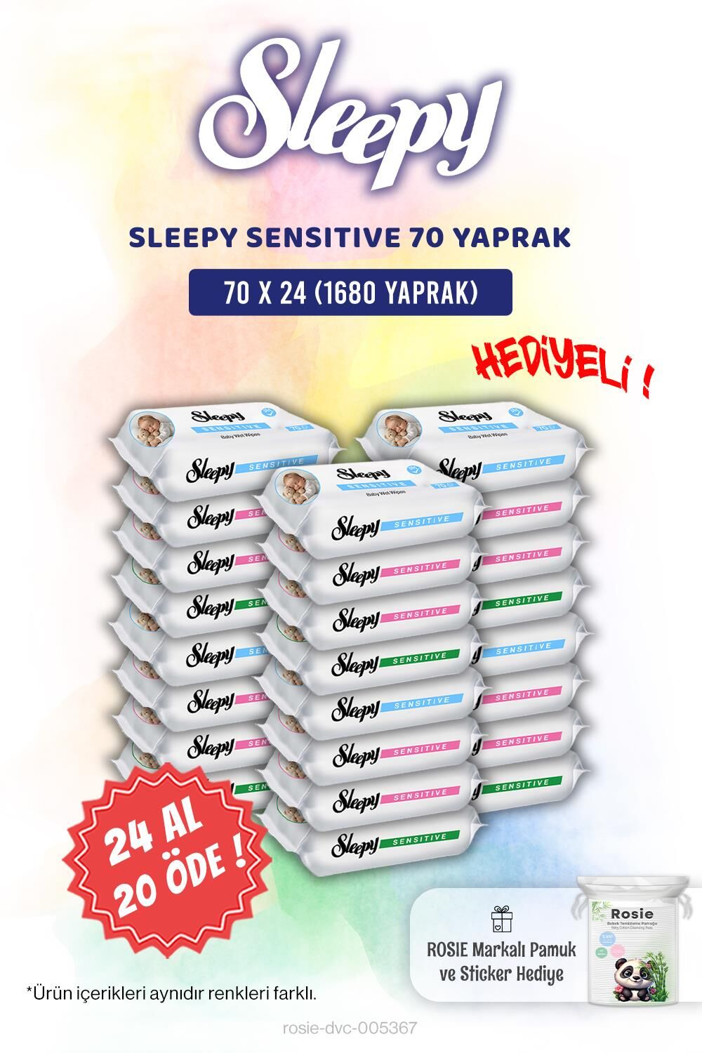 Sleepy Sensitive 24 AL 20 ÖDE 70'li Bebek Islak Mendili ve Rosie Pamuk Hediye
